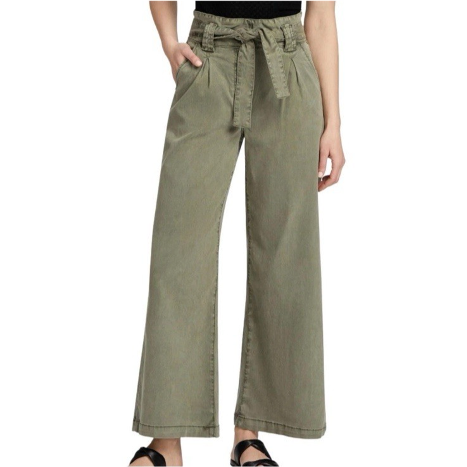 Paige Harper High Rise Wide Leg Paperbag Pants Womens Sz 33 Olive Green Baggy